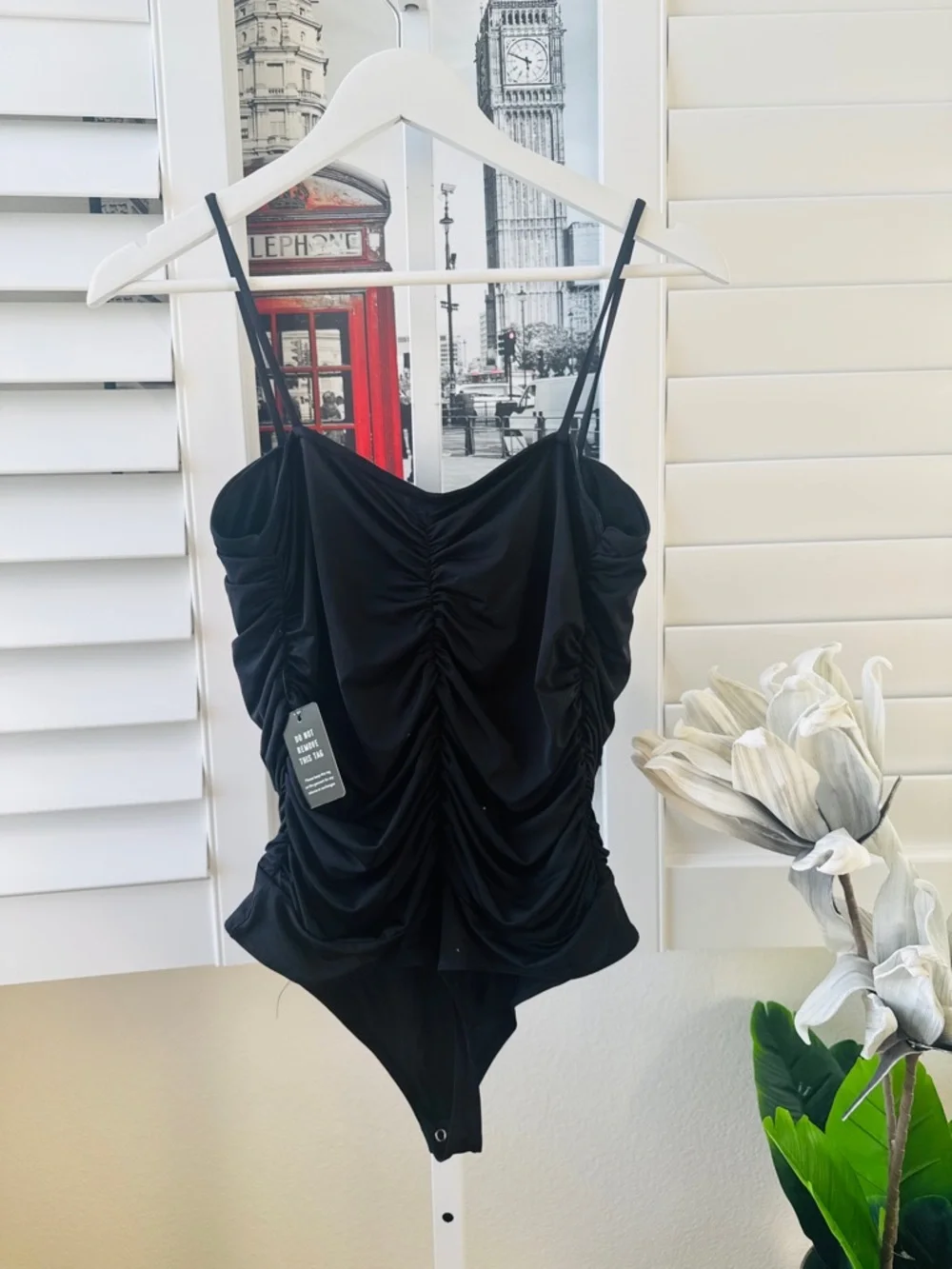 Express Black Ruched Spaghetti Strap Bodysuit